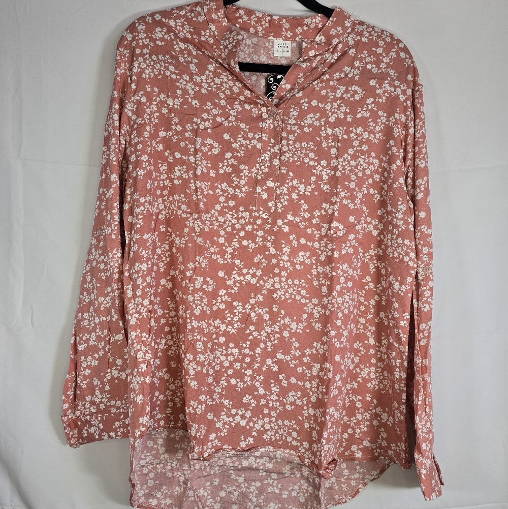 Pink Floral Long-Sleeve Split-Neck Lightweight Blouse